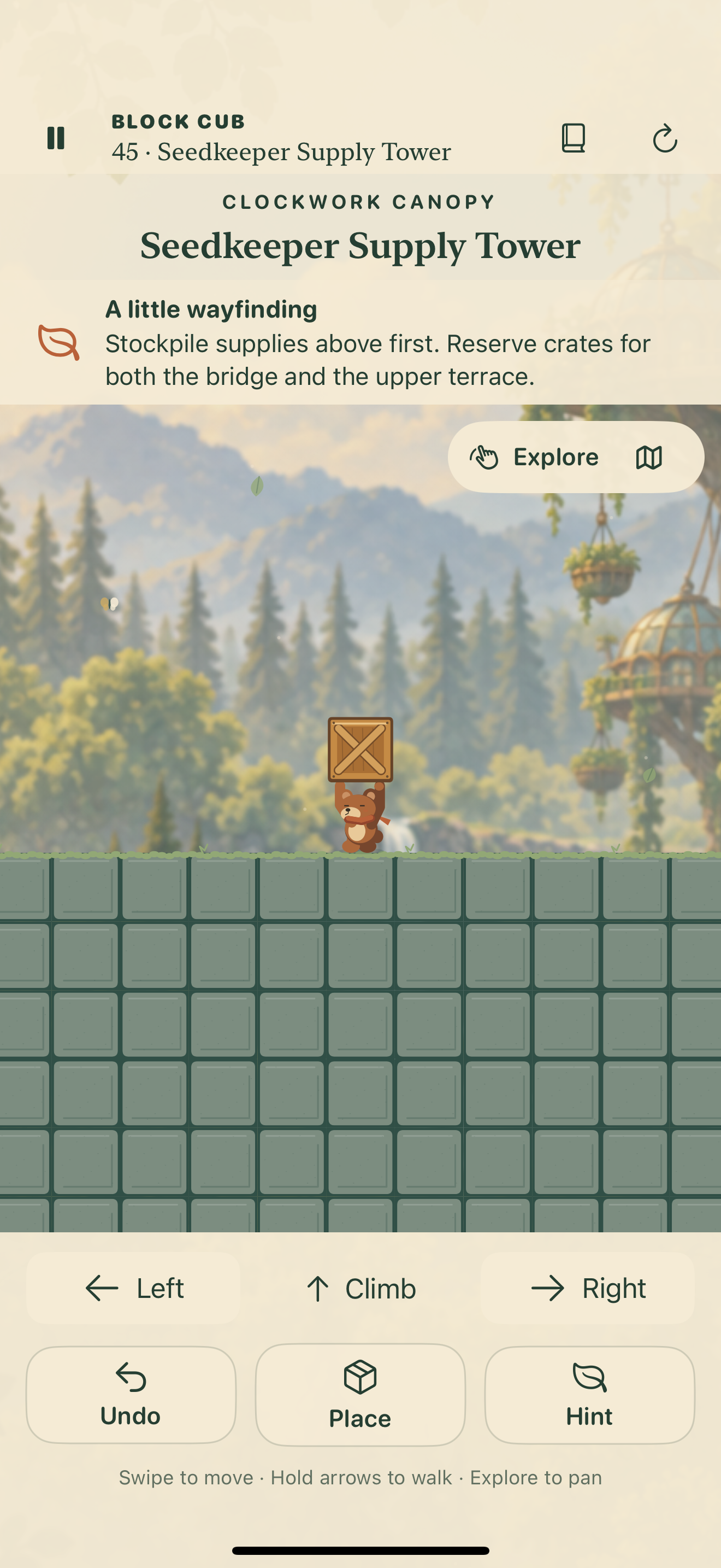 Actual Clockwork Canopy gameplay showing Cub carrying a crate through the canopy.