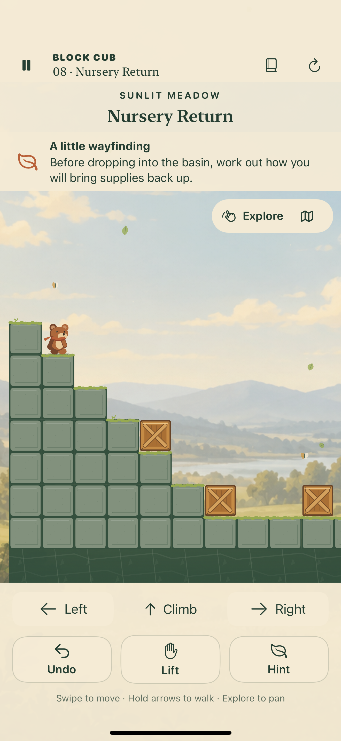 Actual Block Cub gameplay: Cub explores a forest puzzle with movable crates.
