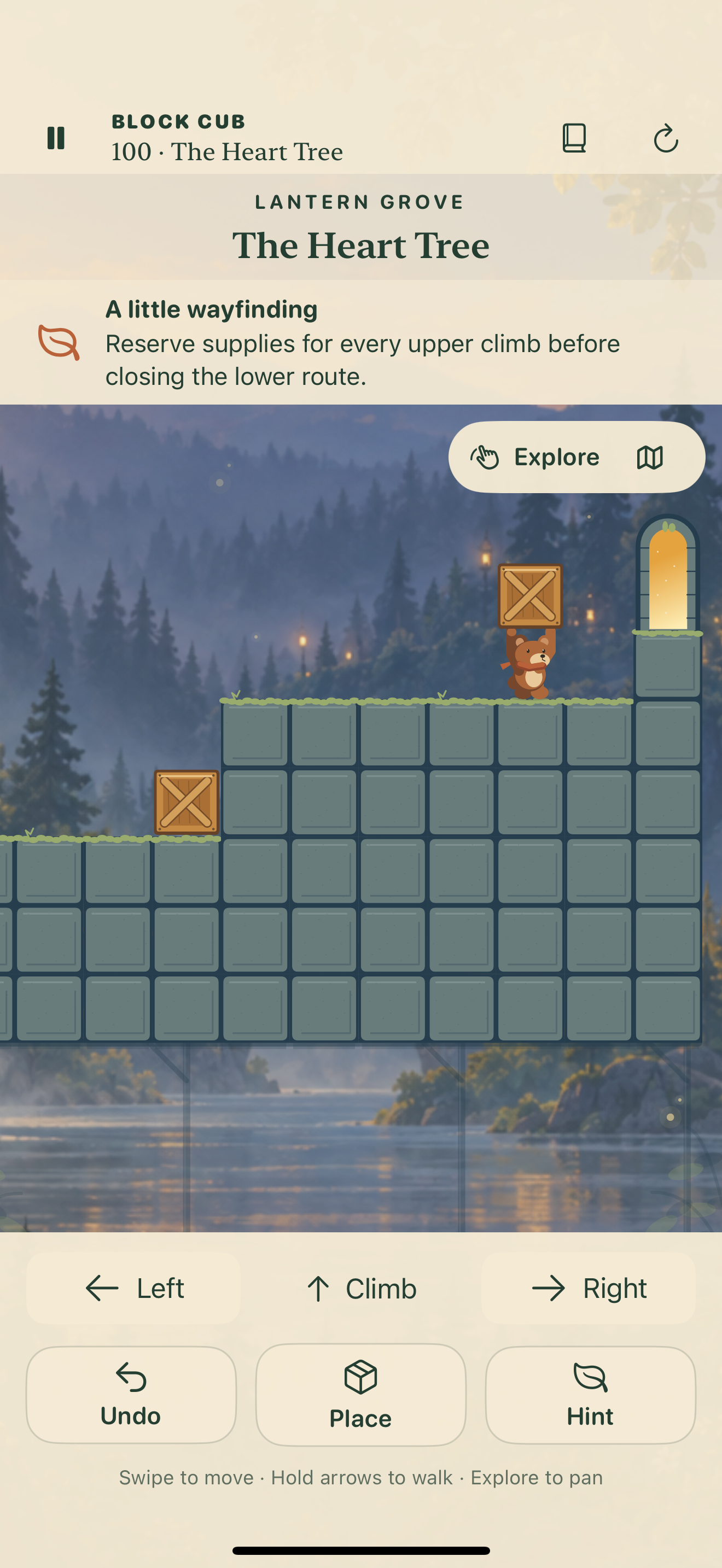 Cub reaches the upper route in a late-game forest puzzle.